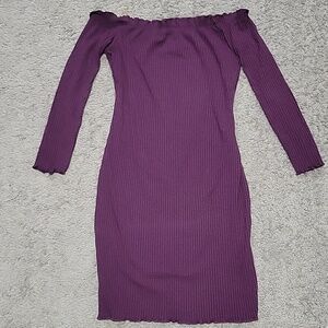 Off-Shoulder Long Sleeve Purple Ribbed Bodycon Dress